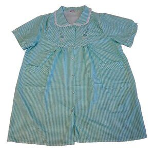 Vintage Robe Housecoat Pearl Snaps Seersucker Green Gingham Short Sleeves 2X